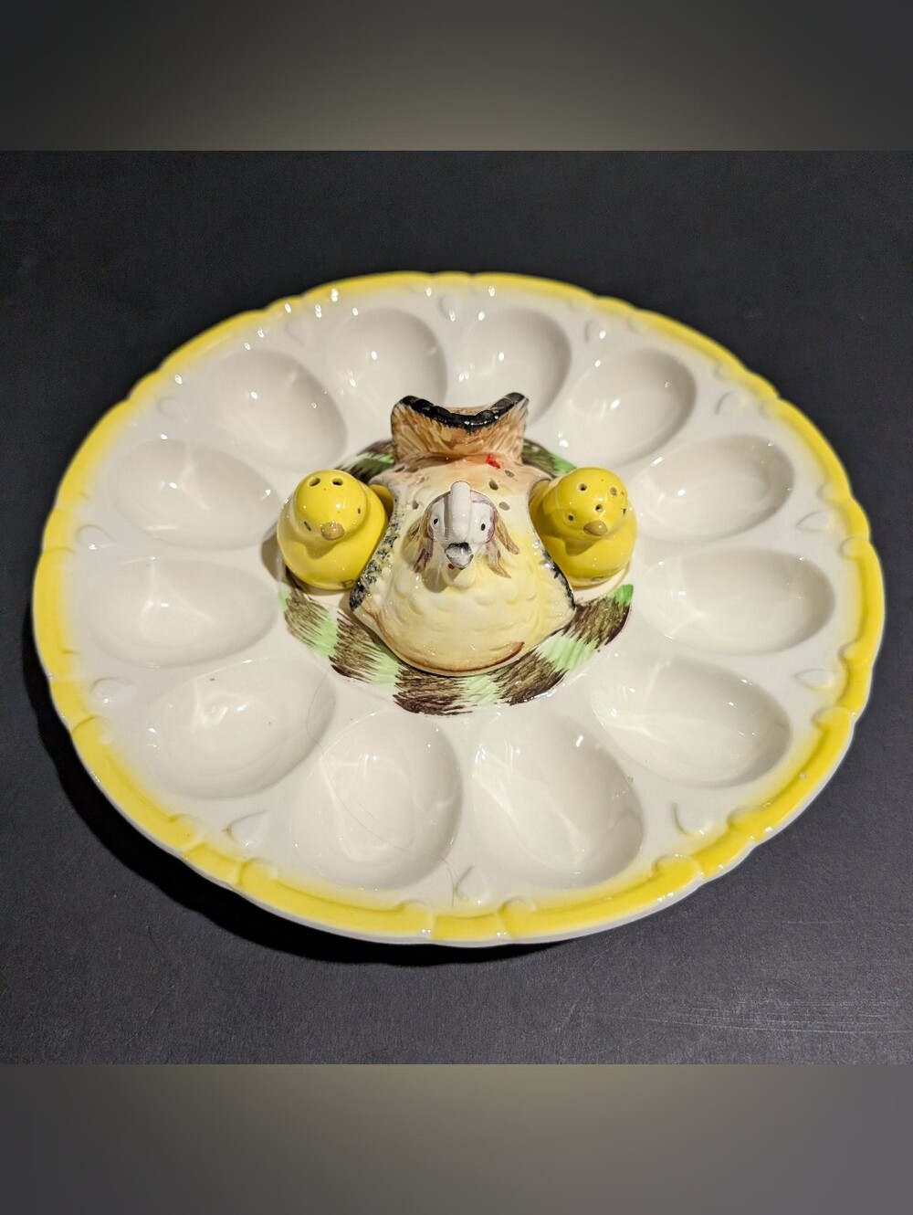 Vtg Ceramic Deviled Egg Dish Hen Toothpick Holder Chick Salt & Pepper Shakers